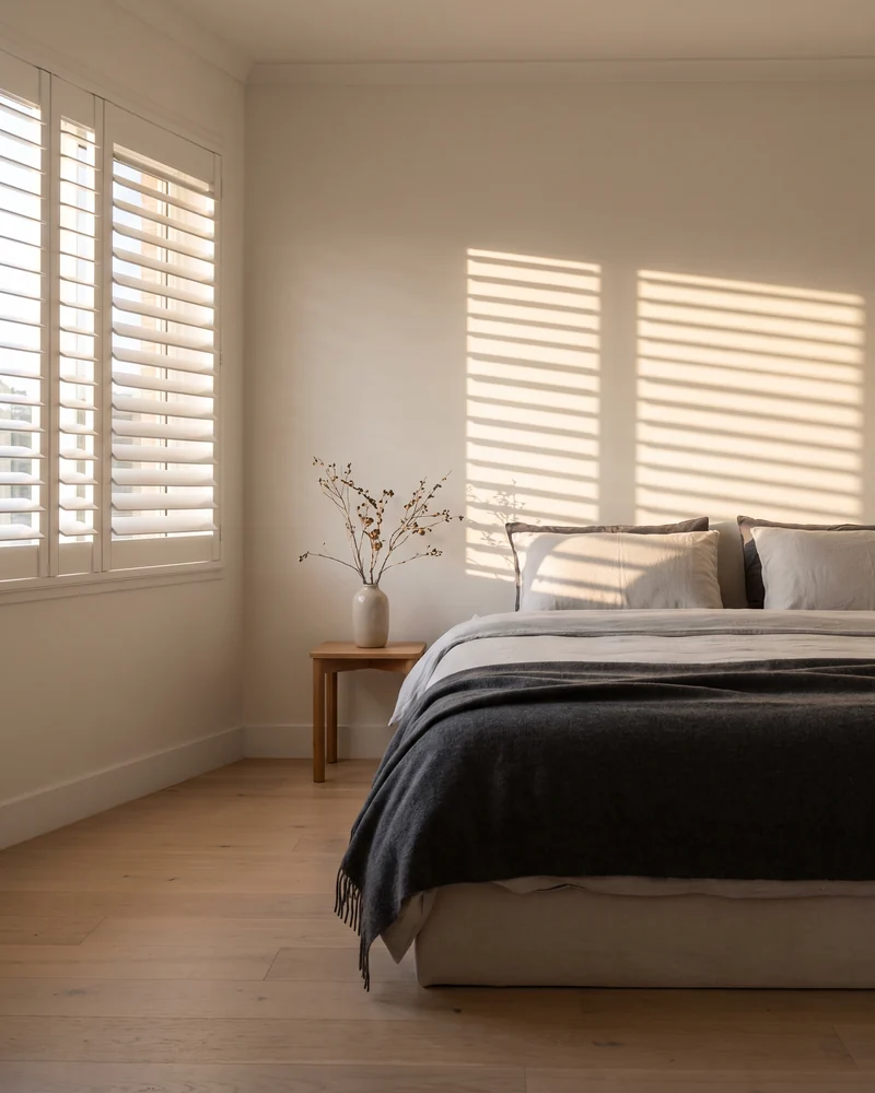 Shutters angled to soften morning light in a bedroom