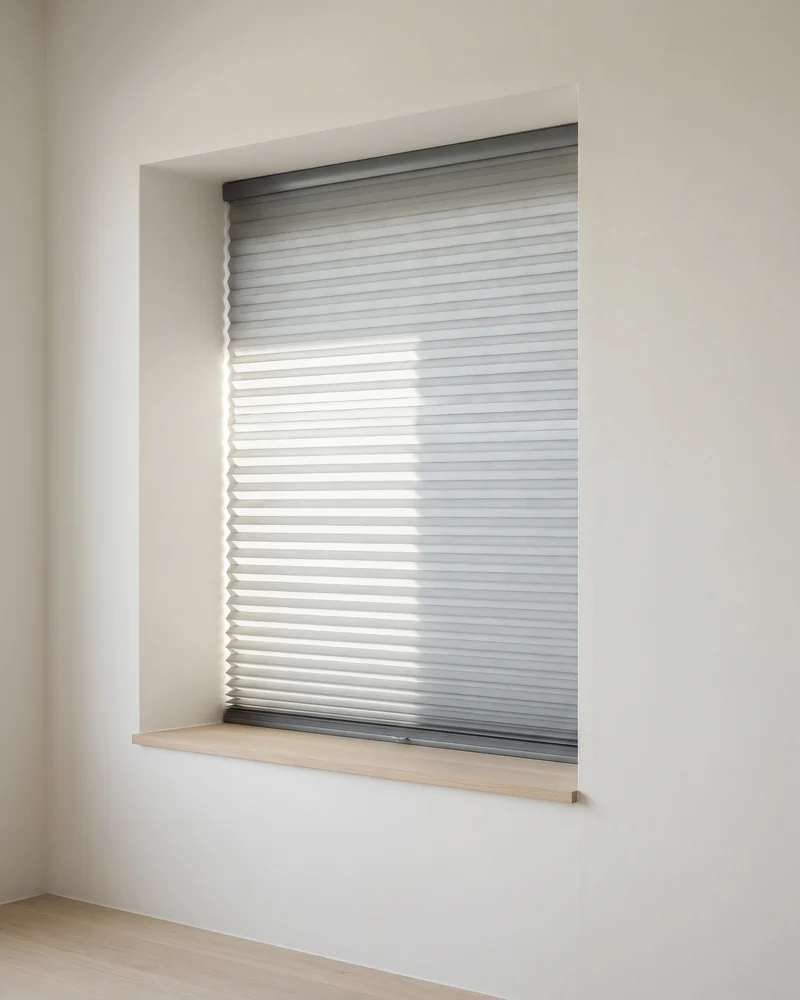 Pleated blind in SilverScreen fabric filtering afternoon light