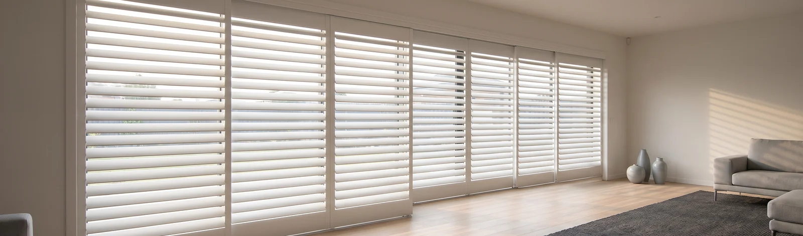 Tall sliding shutter panels running the width of a living room opening