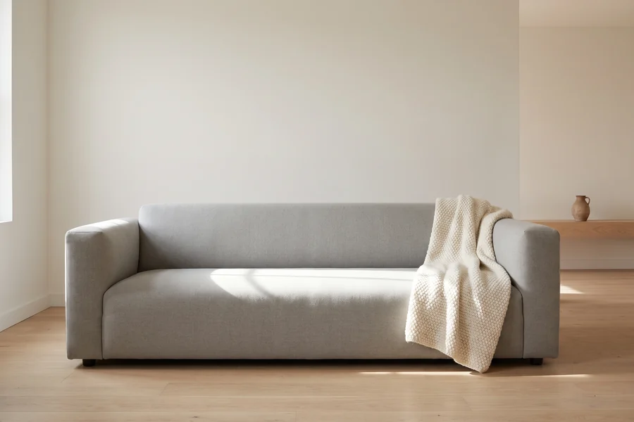Sofa in a bright room with a textured throw