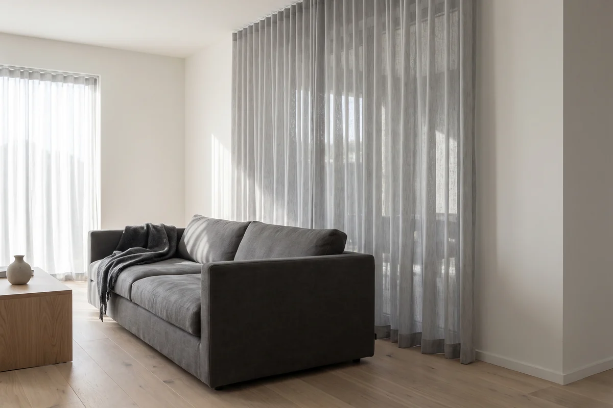 A low sofa set a short distance in front of floor-length curtains on a living room window