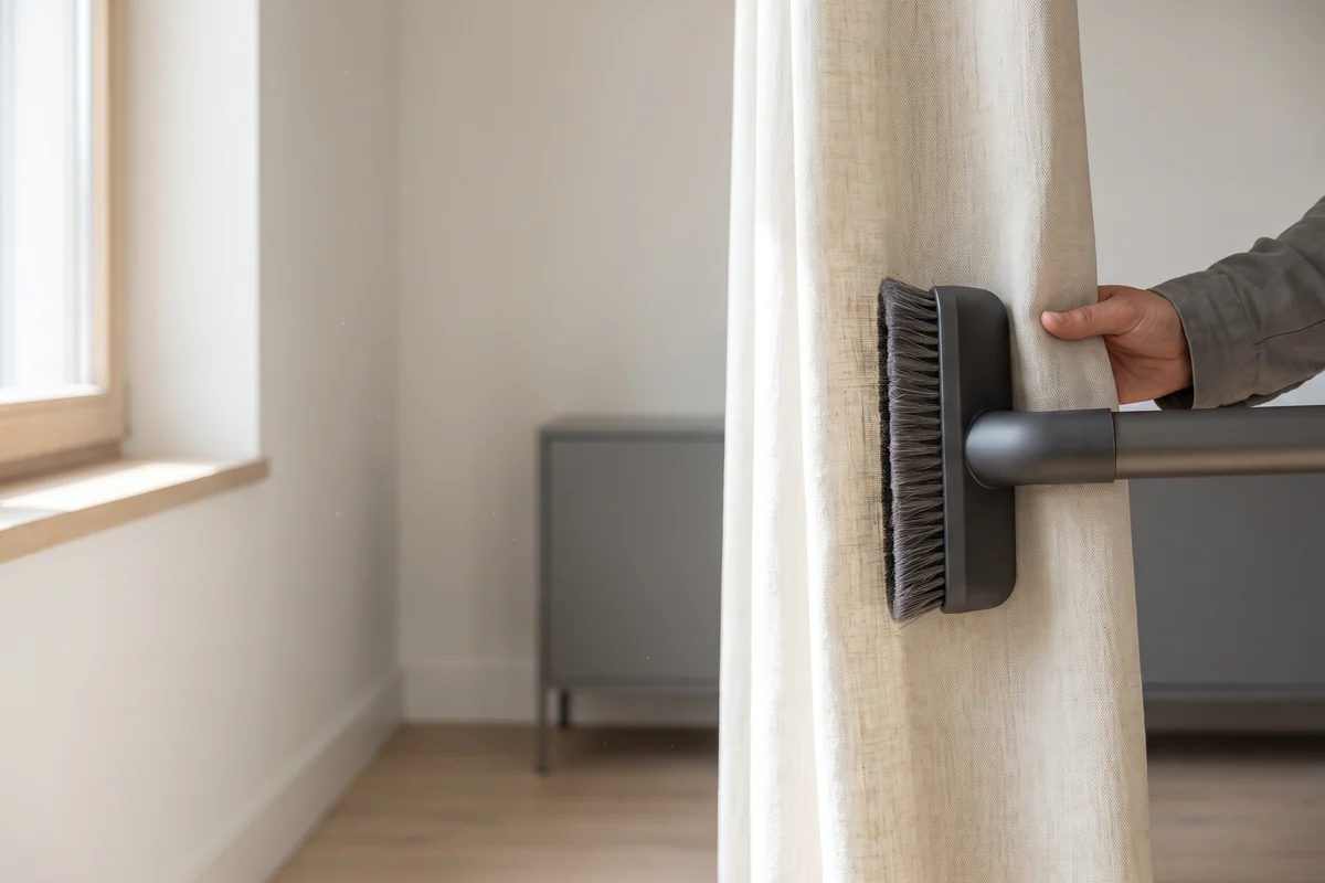 A soft brush vacuum head run down the face of a hanging curtain