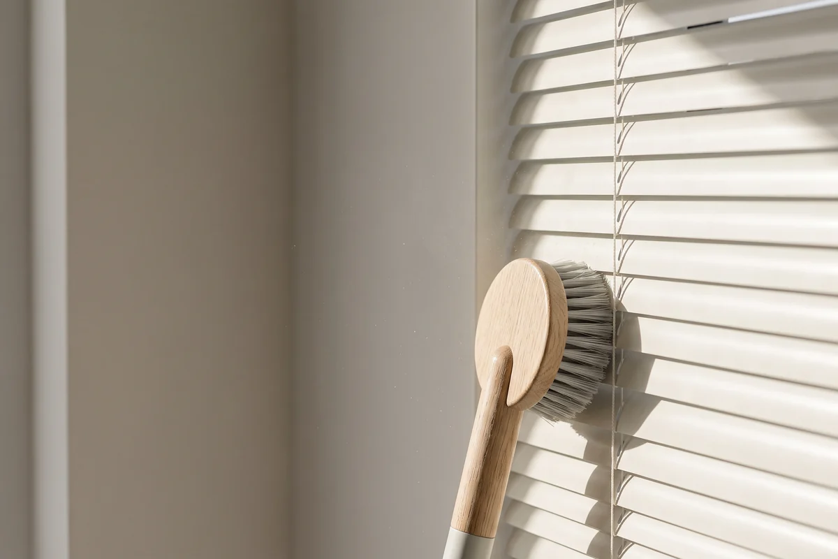 A soft brush vacuum head run across venetian slats closed into a flat face