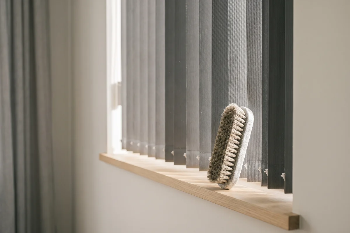 A soft brush vacuum head run down a closed vertical blind