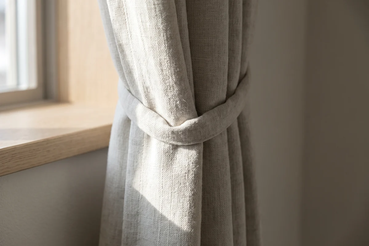 A sheer curtain drawn across a window filtering daylight