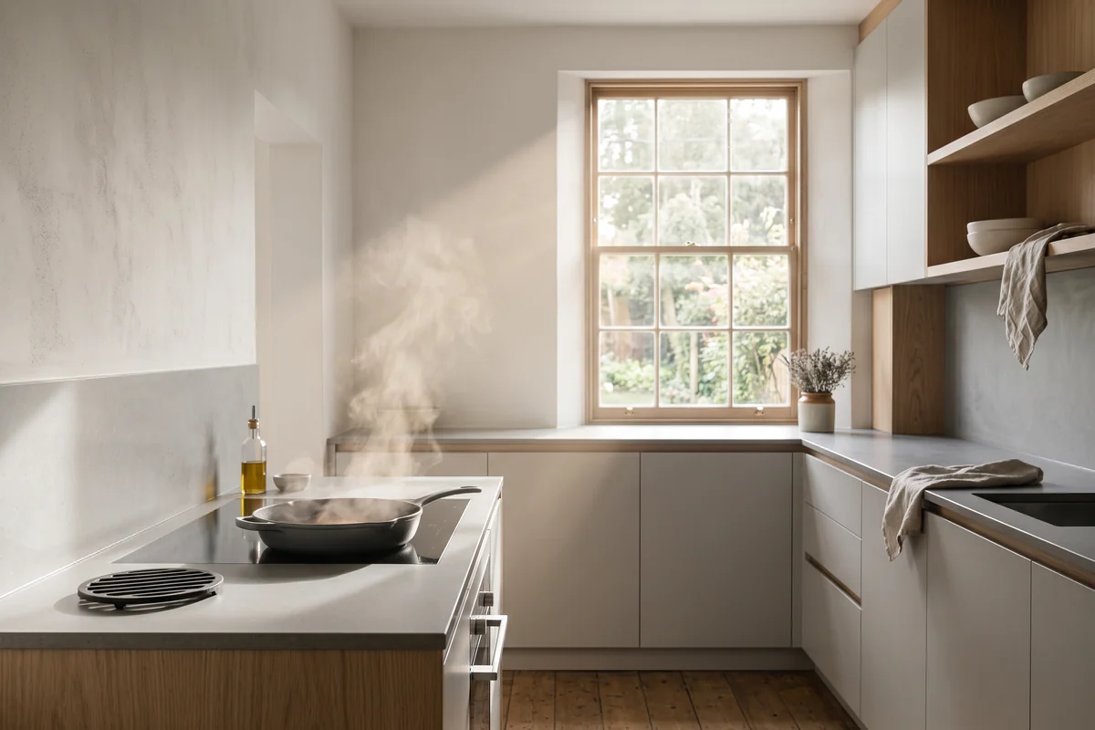 A kitchen window with a blind fitted above the bench