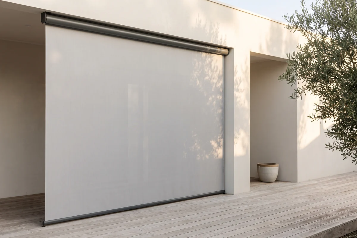 A straight drop awning lowered vertically down the open side of a patio