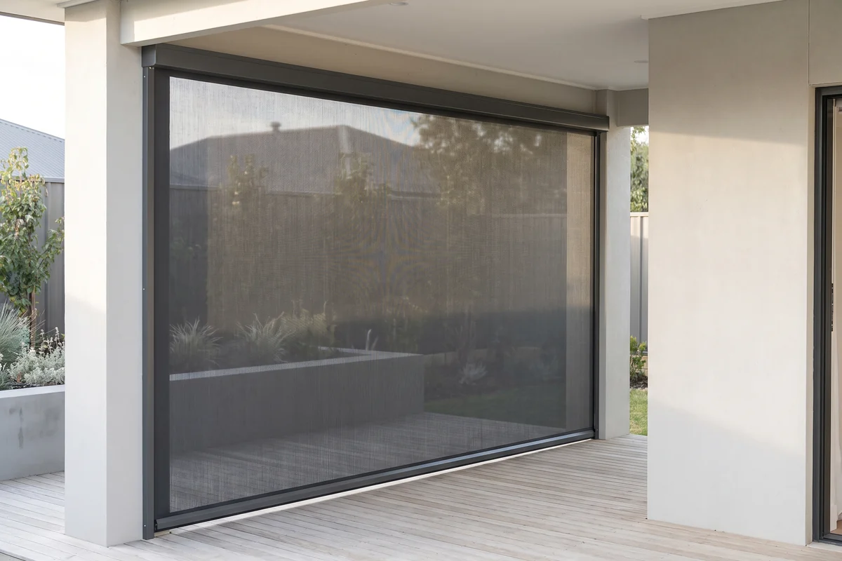A straight drop awning lowered down the open side of a patio, held flat in side channels