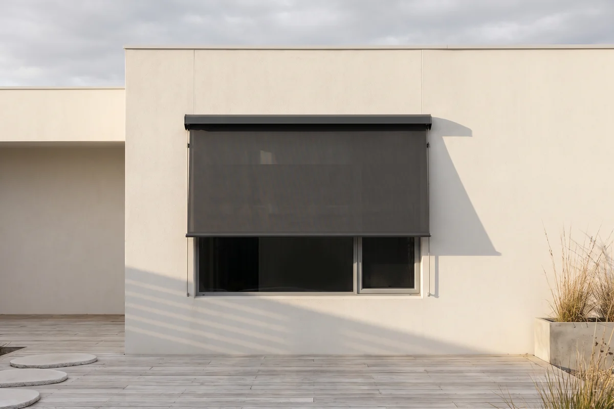 An external awning shading a window from outside the building