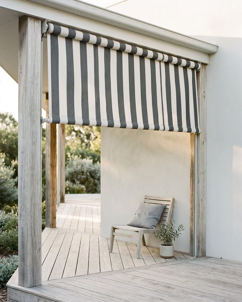 Striped outdoor awning fabric shading a verandah
