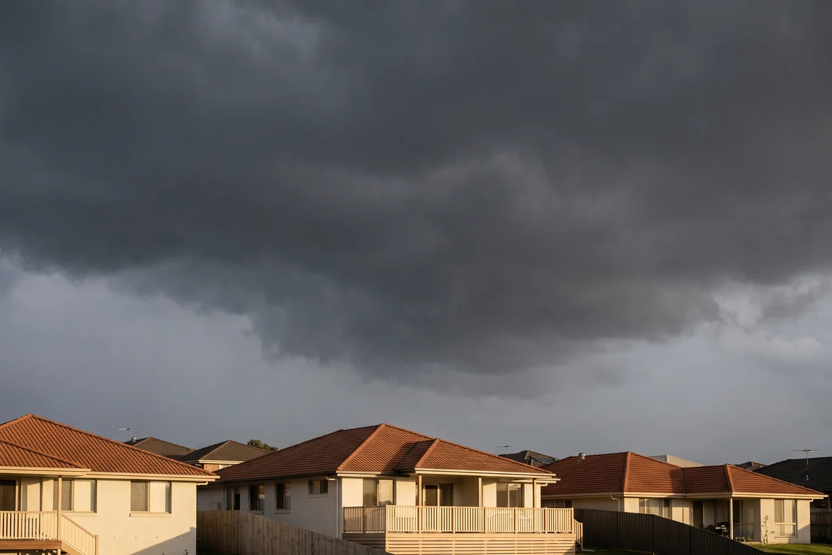 A summer storm front building over a Brisbane suburb in the afternoon