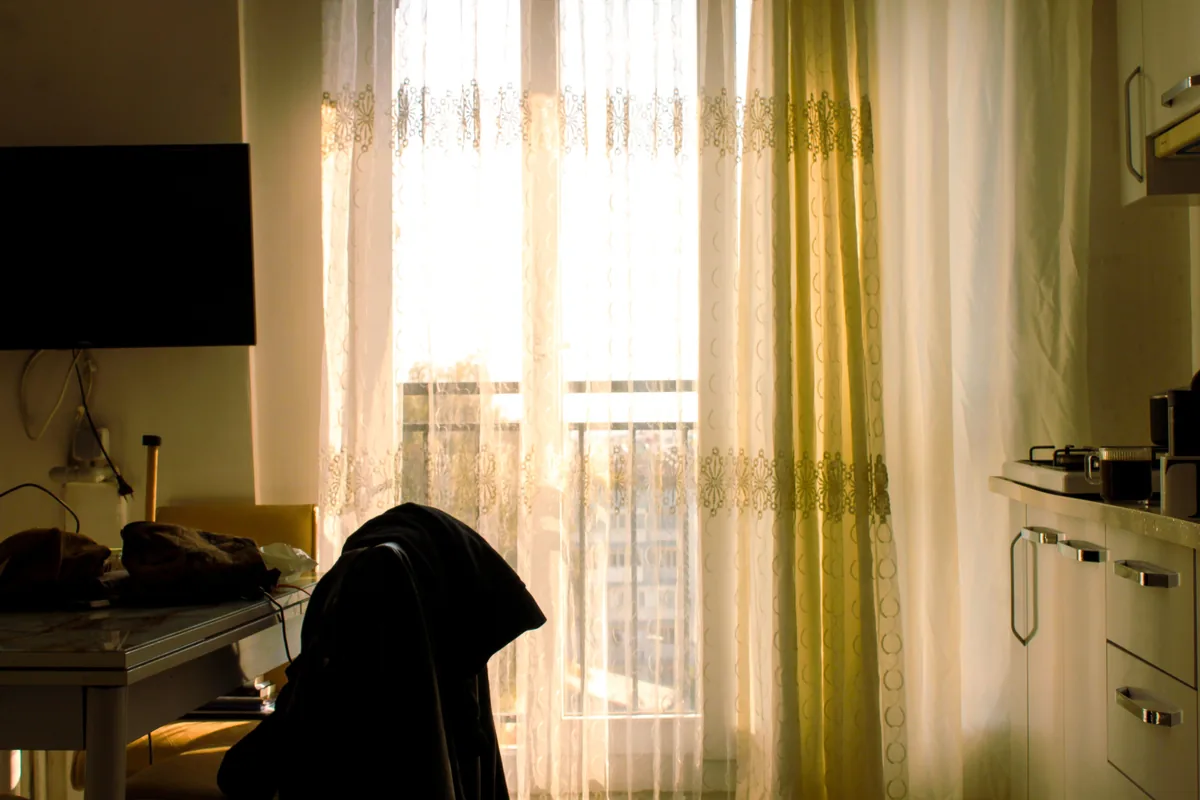 Afternoon sun falling across a living room floor through a large window
