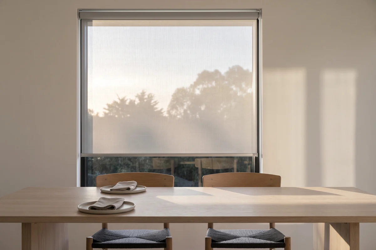 A sunscreen roller blind lowered to just above the chair backs, low sun softened through the weave onto a dining table