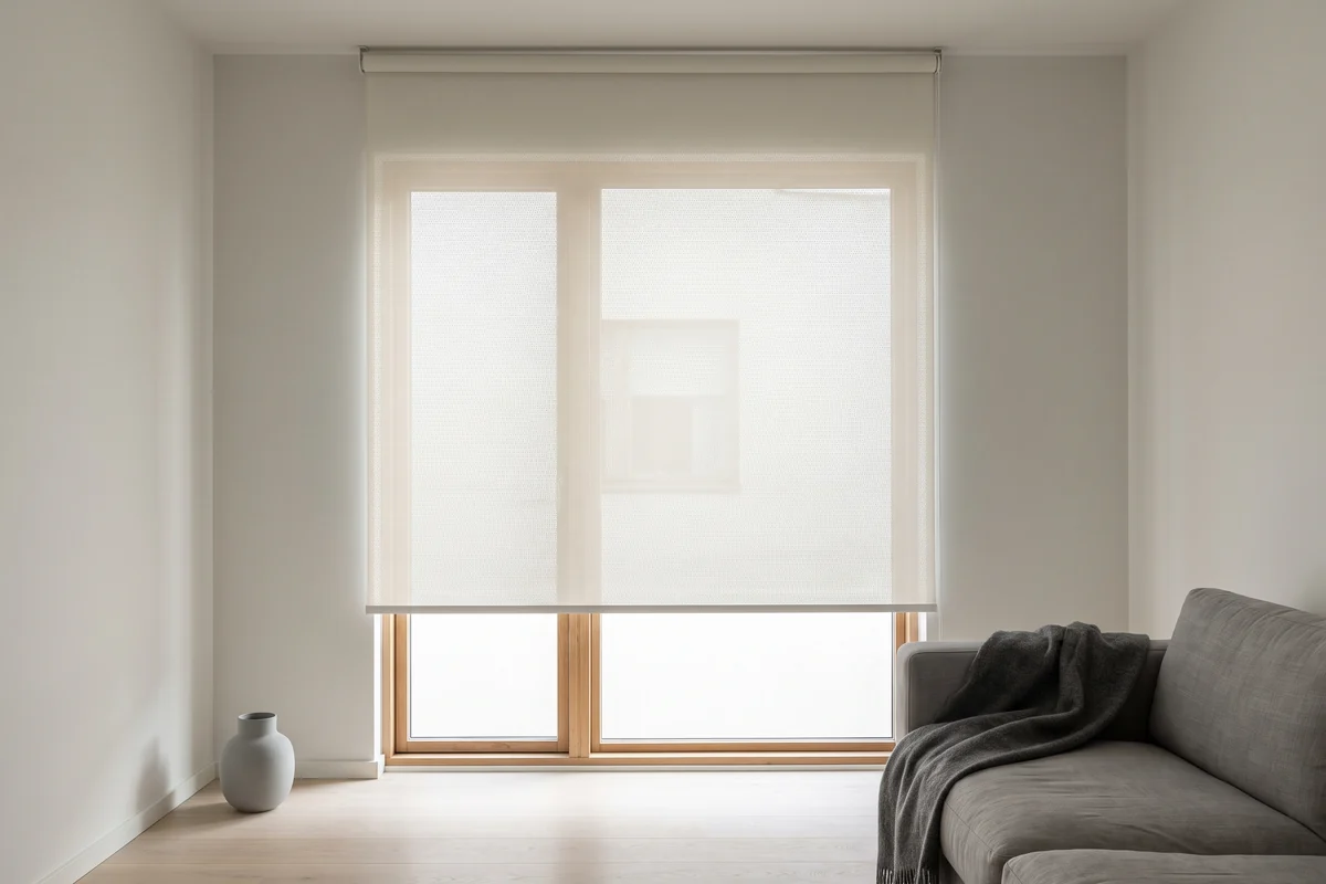 A sunscreen roller blind lowered across a living room window, the frame behind still visible through the open weave