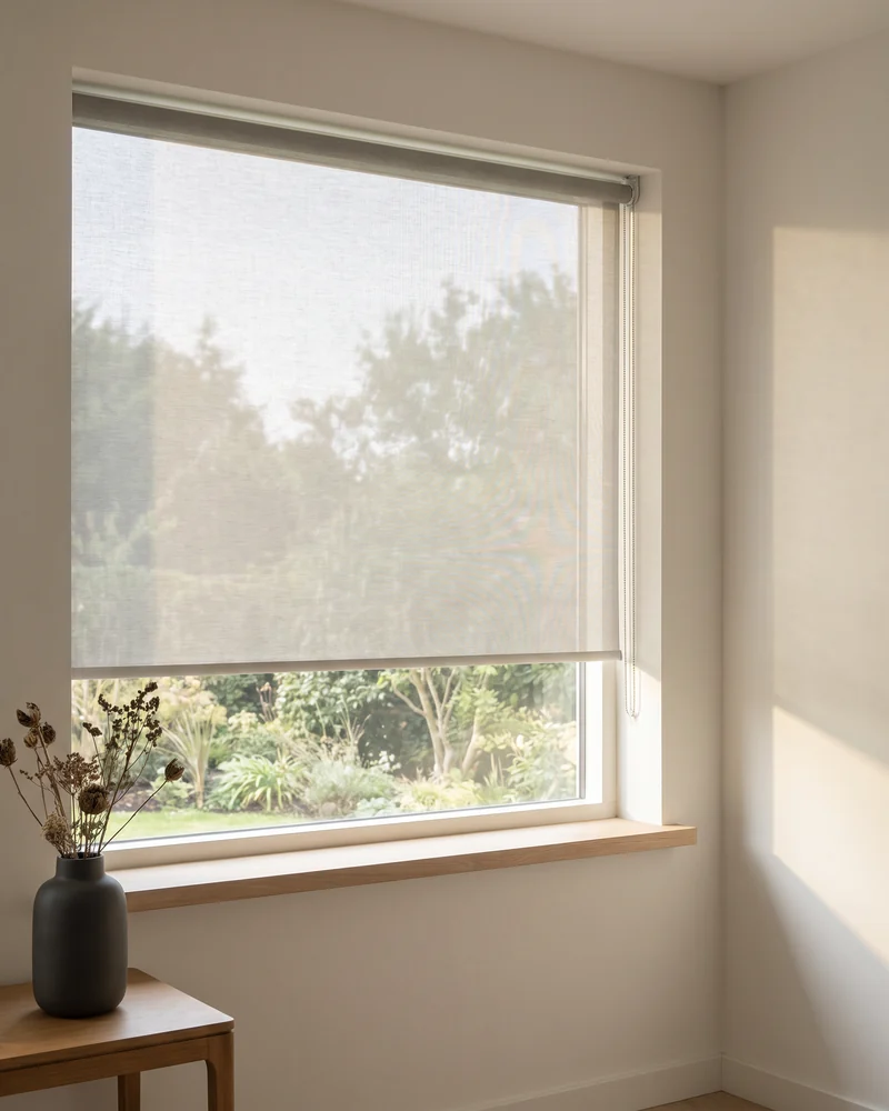 A sunscreen roller blind keeping the view while cutting glare