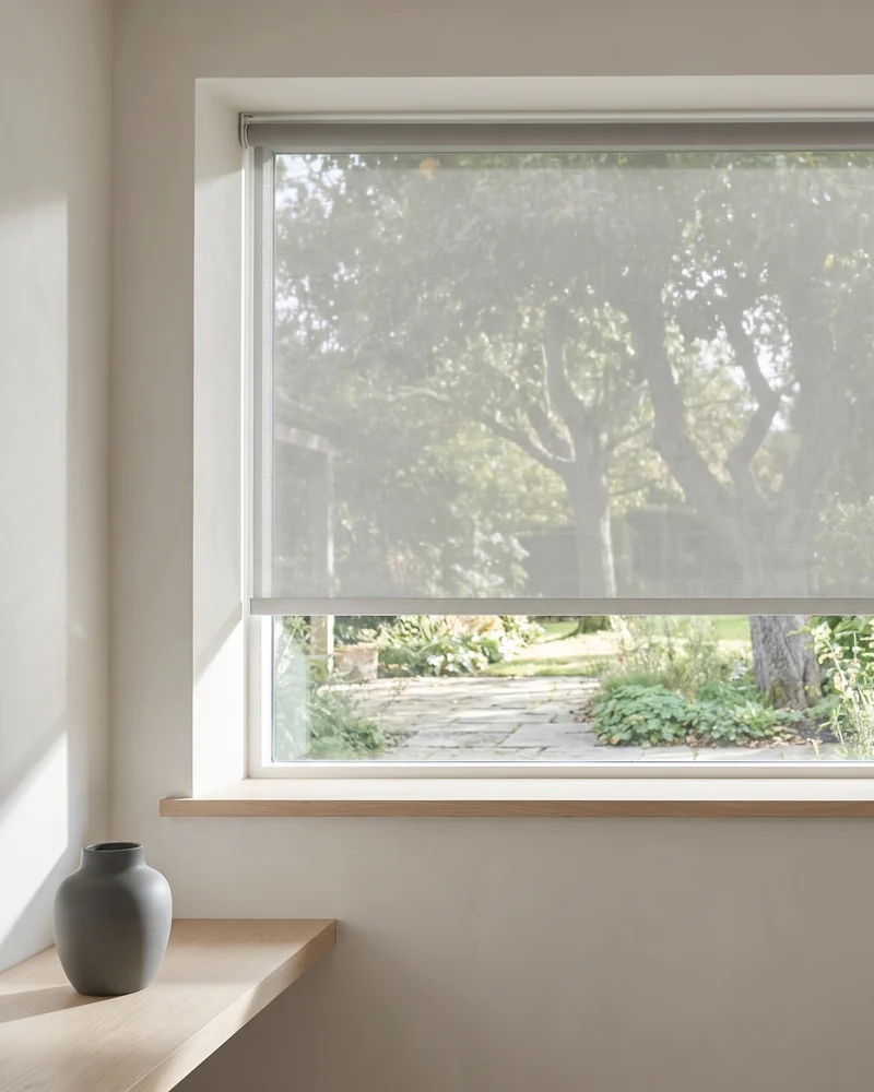 Sunscreen roller blind cutting glare while the view beyond stays visible