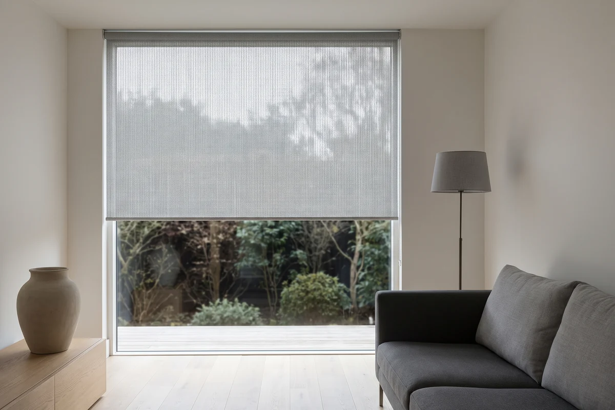 A sunscreen roller blind lowered across a window with the view still visible through the weave