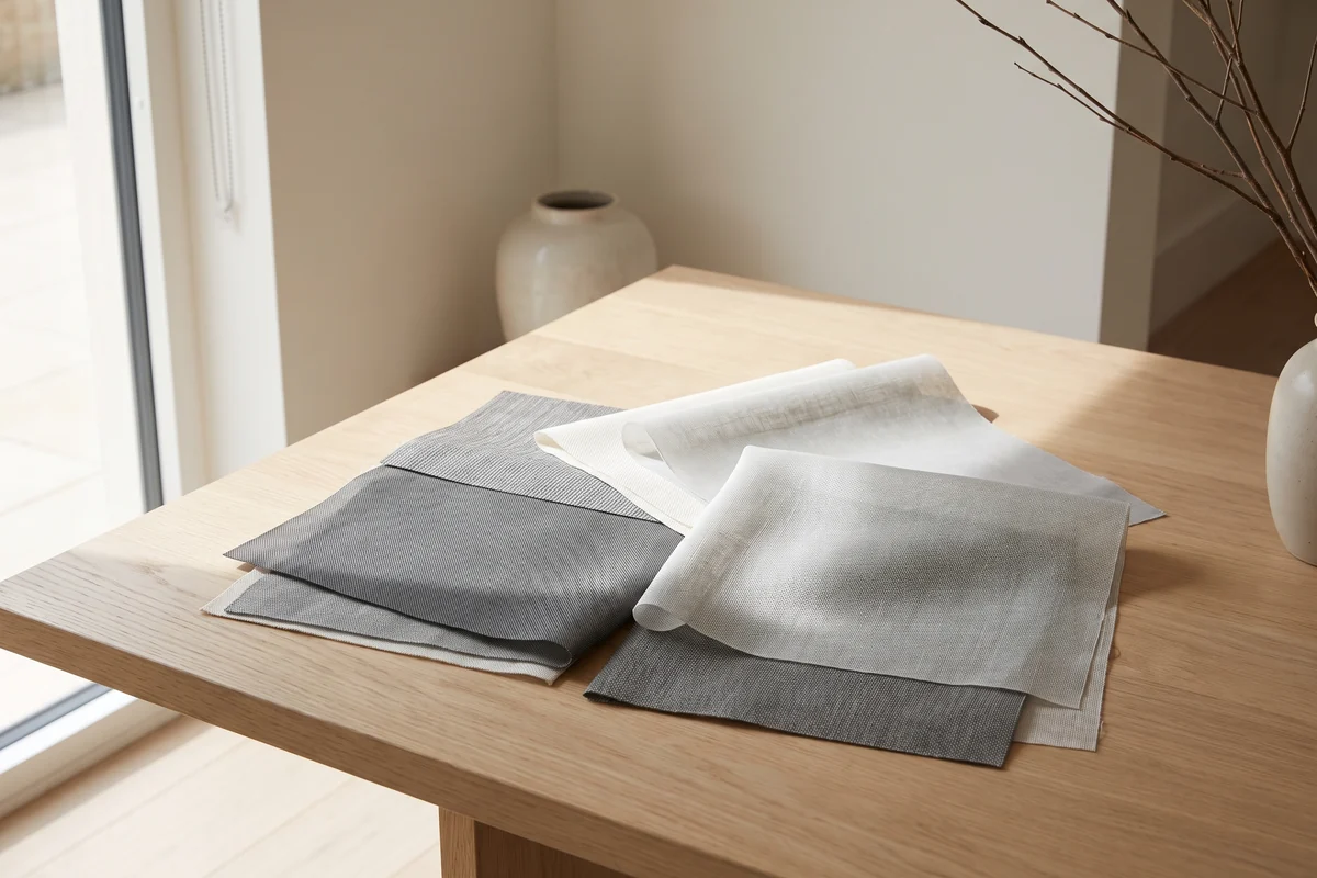 Sunscreen fabric samples held against a window showing different weave densities
