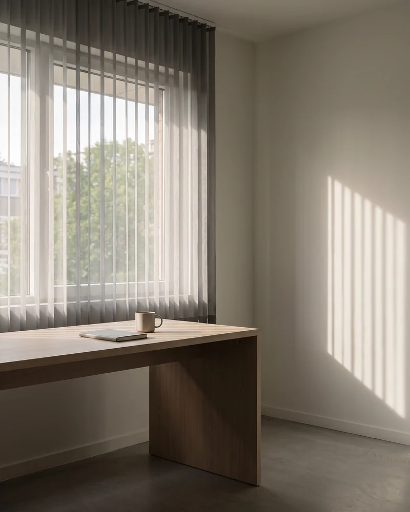Sunscreen vertical blinds cutting glare in a workspace