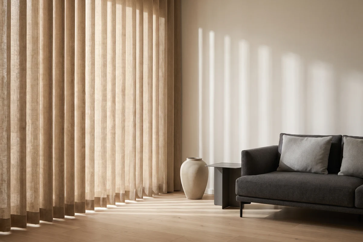 Textured fabric vertical blind vanes in a warm neutral, rotated part-open to angle the daylight