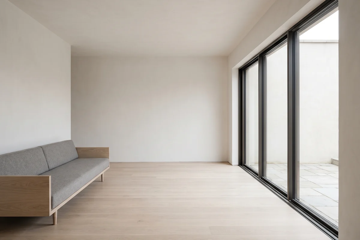 A three-panel stacker door running on a common track and forming a full-height glass wall onto a terrace