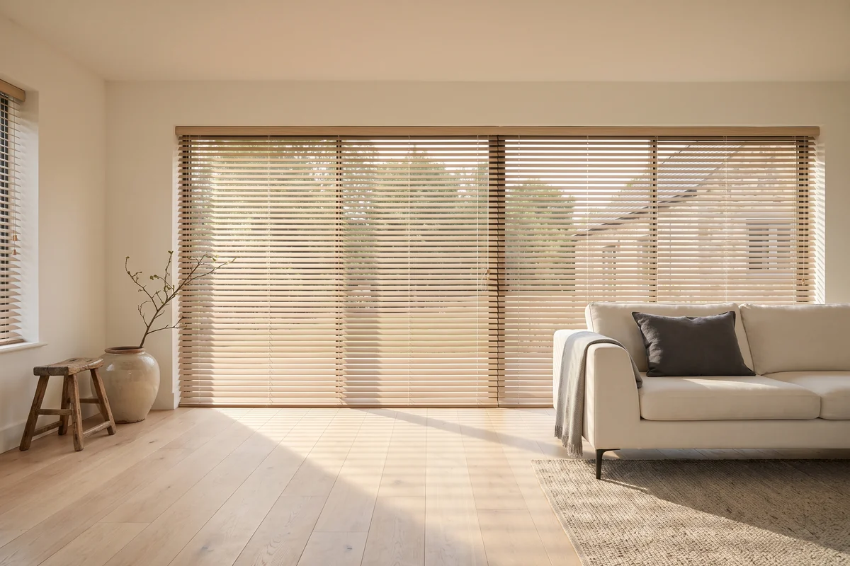 Timber venetian blinds tilted open in a bright living room