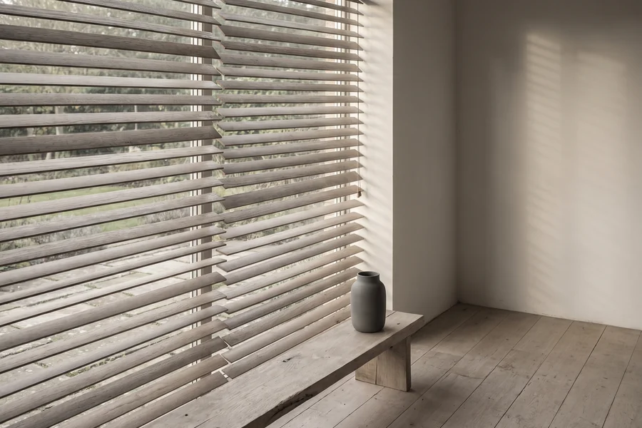 Timber venetian blind slats tilted open over a garden view