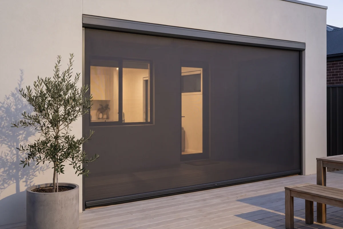An outdoor blind lowered across an alfresco opening at dusk