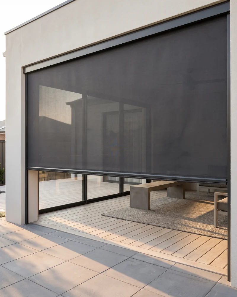 A tracked outdoor blind sealing an alfresco opening
