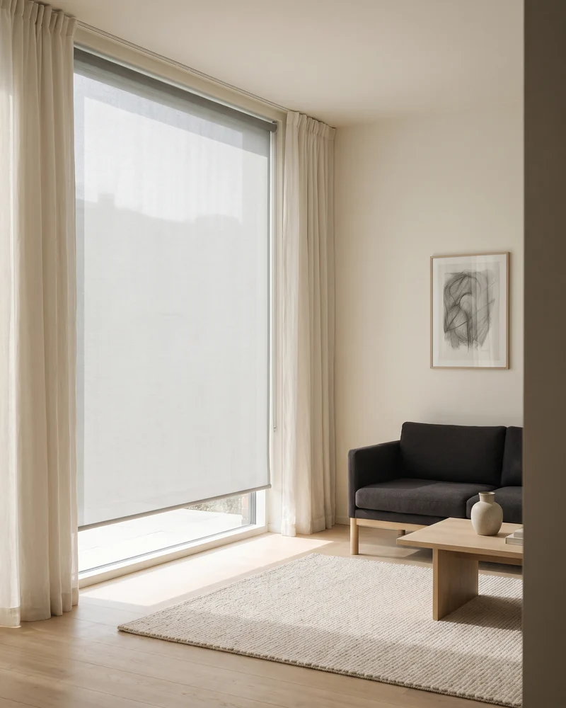 A translucent roller blind diffusing daylight across a living room