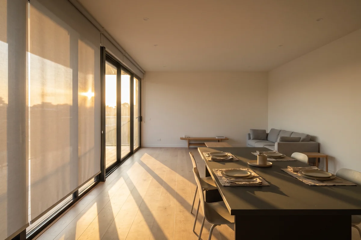 Low western sun lying across a dining table with a blind half lowered against it