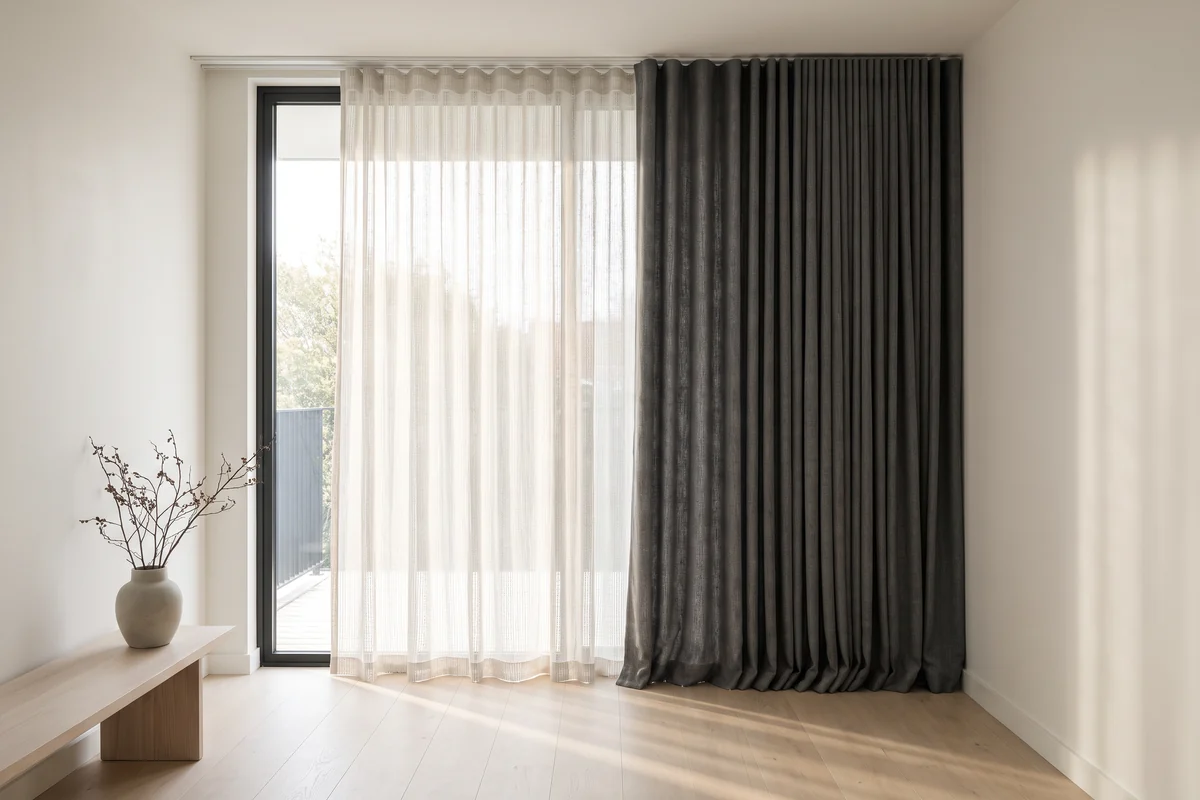 A sheer curtain drawn across the glass with a blockout curtain stacked back beside it on a twin track