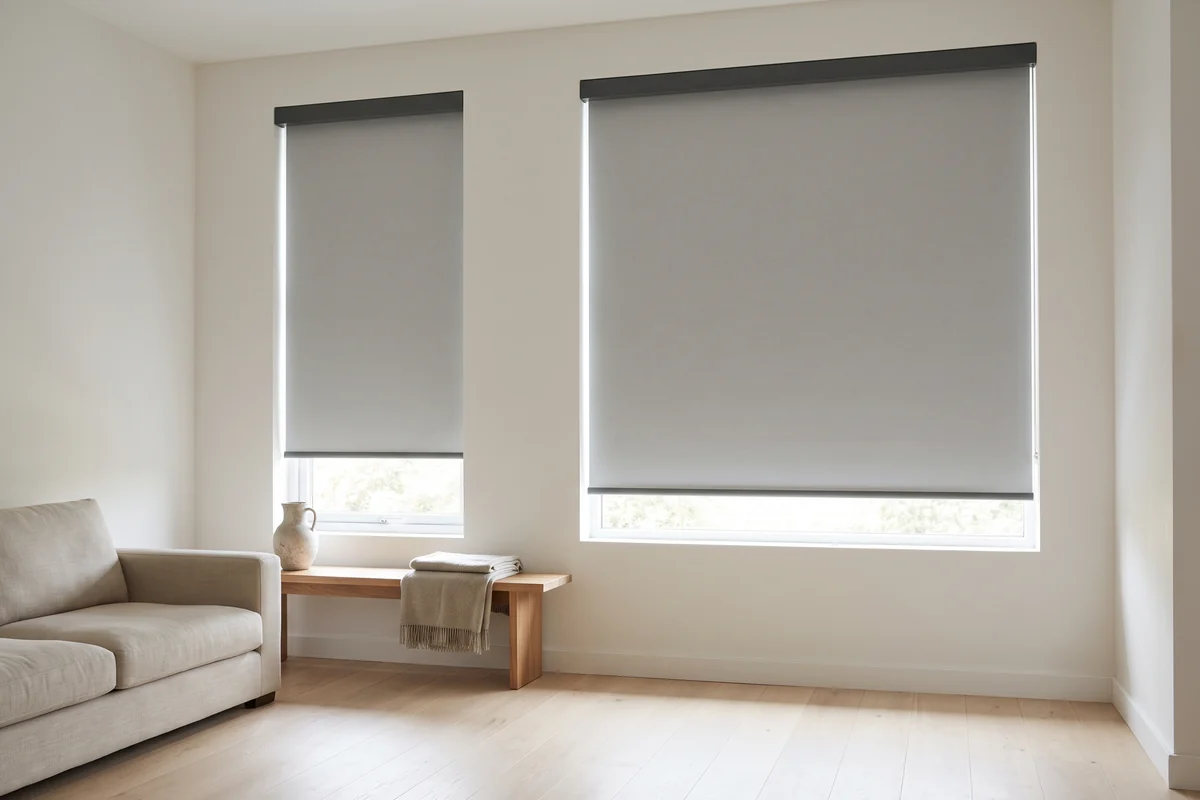 Two roller blinds lowered to the same height across two living room windows