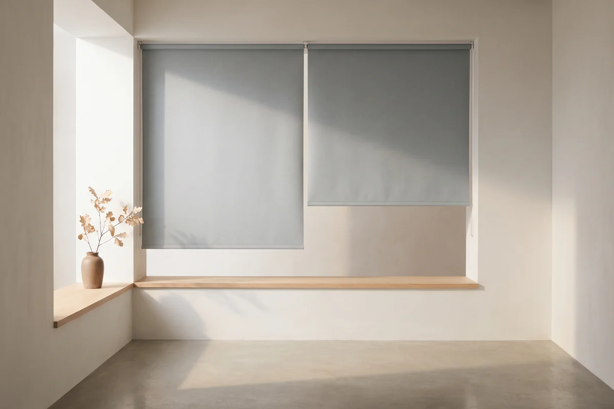 Two roller blinds set side by side across a wide window opening