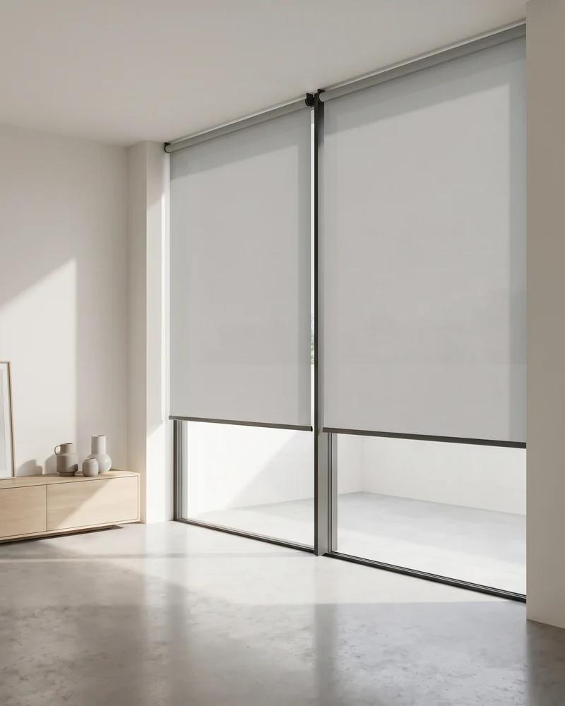 Two roller blinds hung level side by side across one wide glazed opening