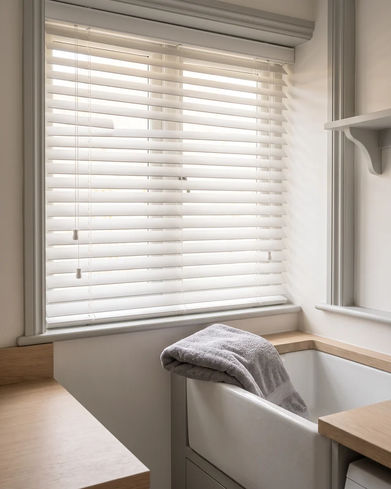 White PVC venetian blind lowered at a laundry window