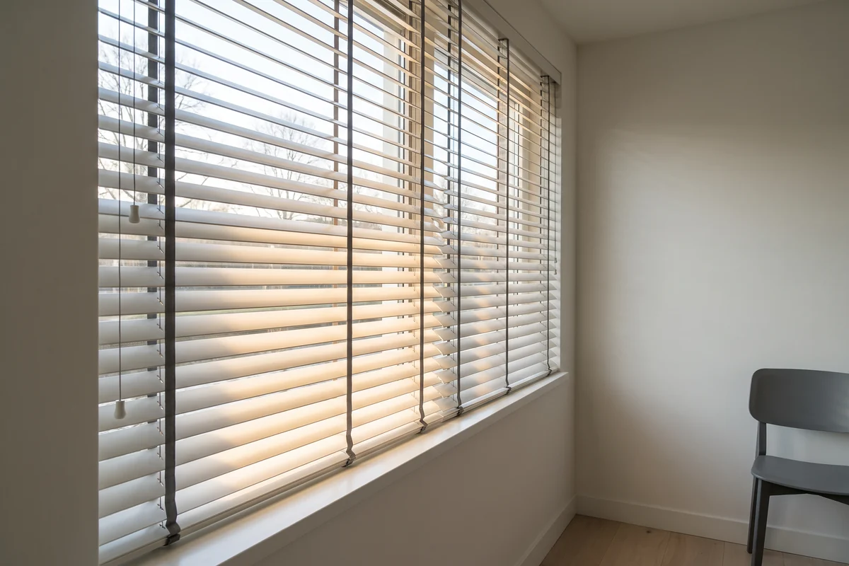 Venetian slats tilted against low afternoon sun across a wide window