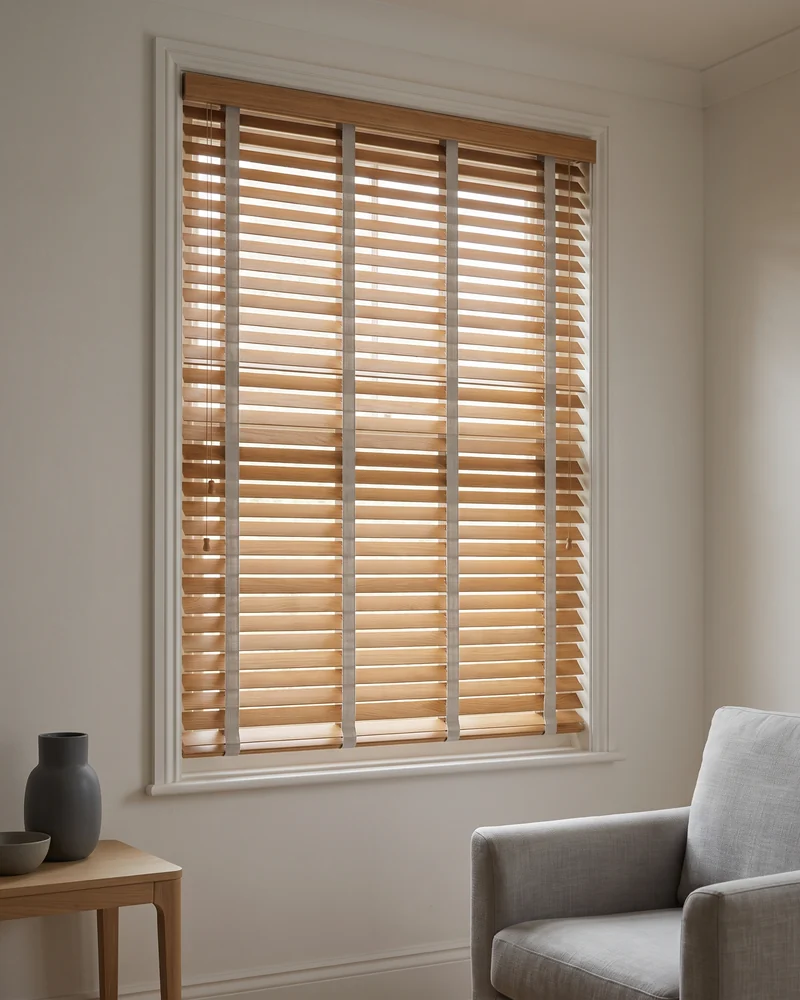 Timber venetian blind with warm grained slats tilted half open