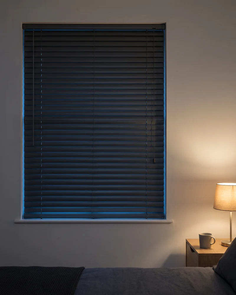 Venetian blind closed flat across a window in the evening