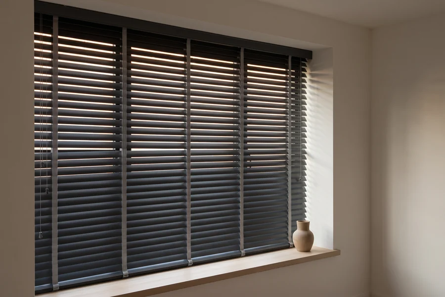 Aluminium venetian slats angled against a window