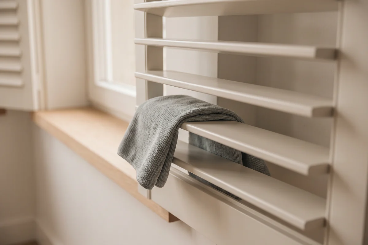 A damp microfibre cloth drawn along an open venetian slat