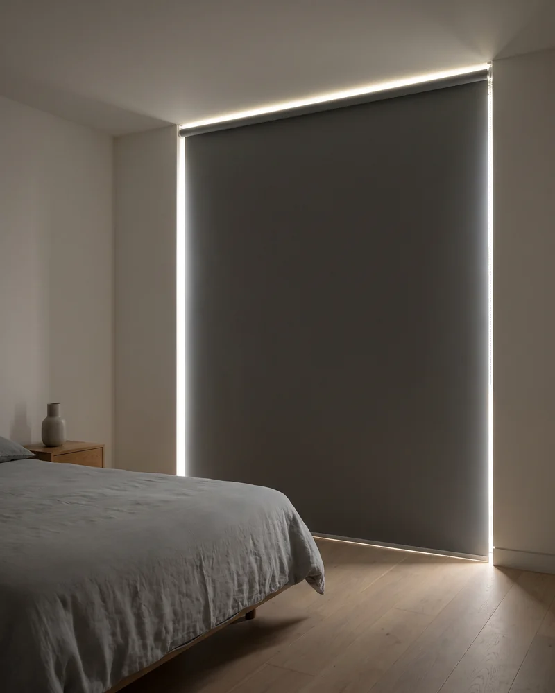 Blockout roller blind in a darkened Gold Coast bedroom