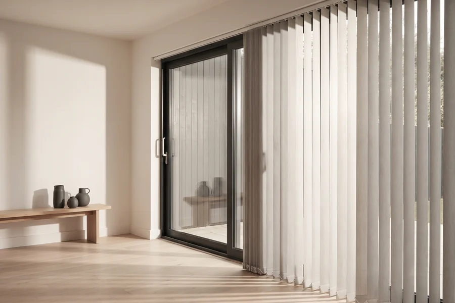 Vertical blind louvres angled across a wide sliding door