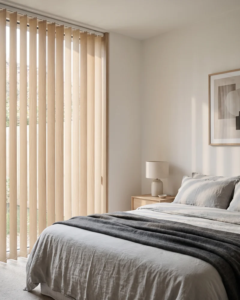 Vertical blinds angled in a bedroom