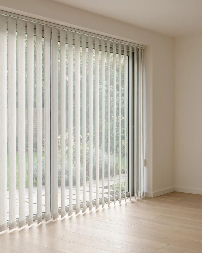Vertical blinds fitted across a sliding patio door
