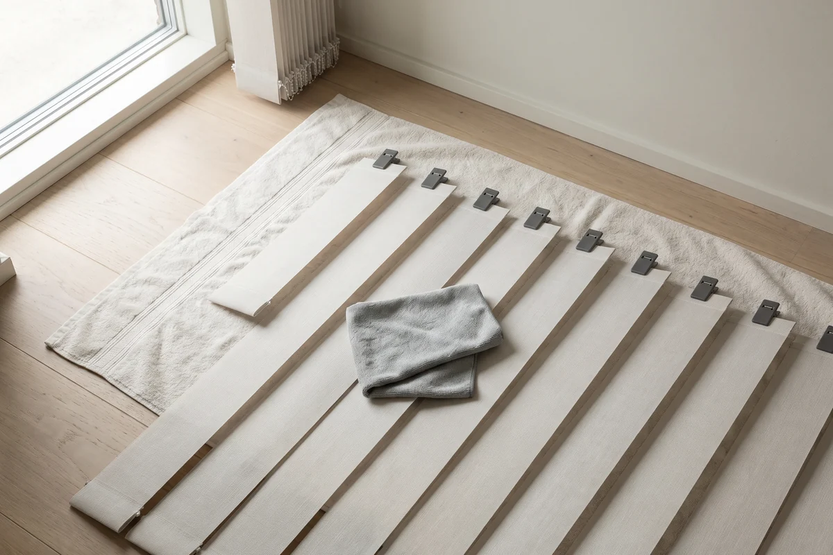 Vertical blind slats laid flat on a towel to be sponged