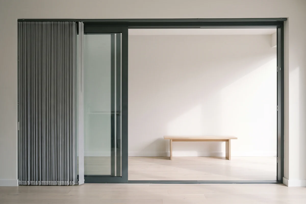 Vertical blind vanes drawn to one side of a wide sliding door, stacked at one end of the head track