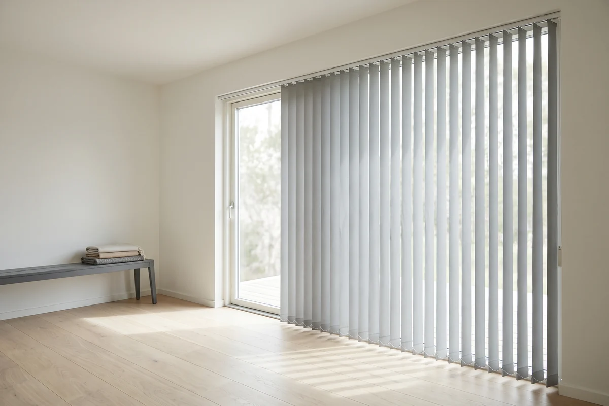 Fabric vertical blinds drawn across a wide glass door, angled to filter the afternoon light