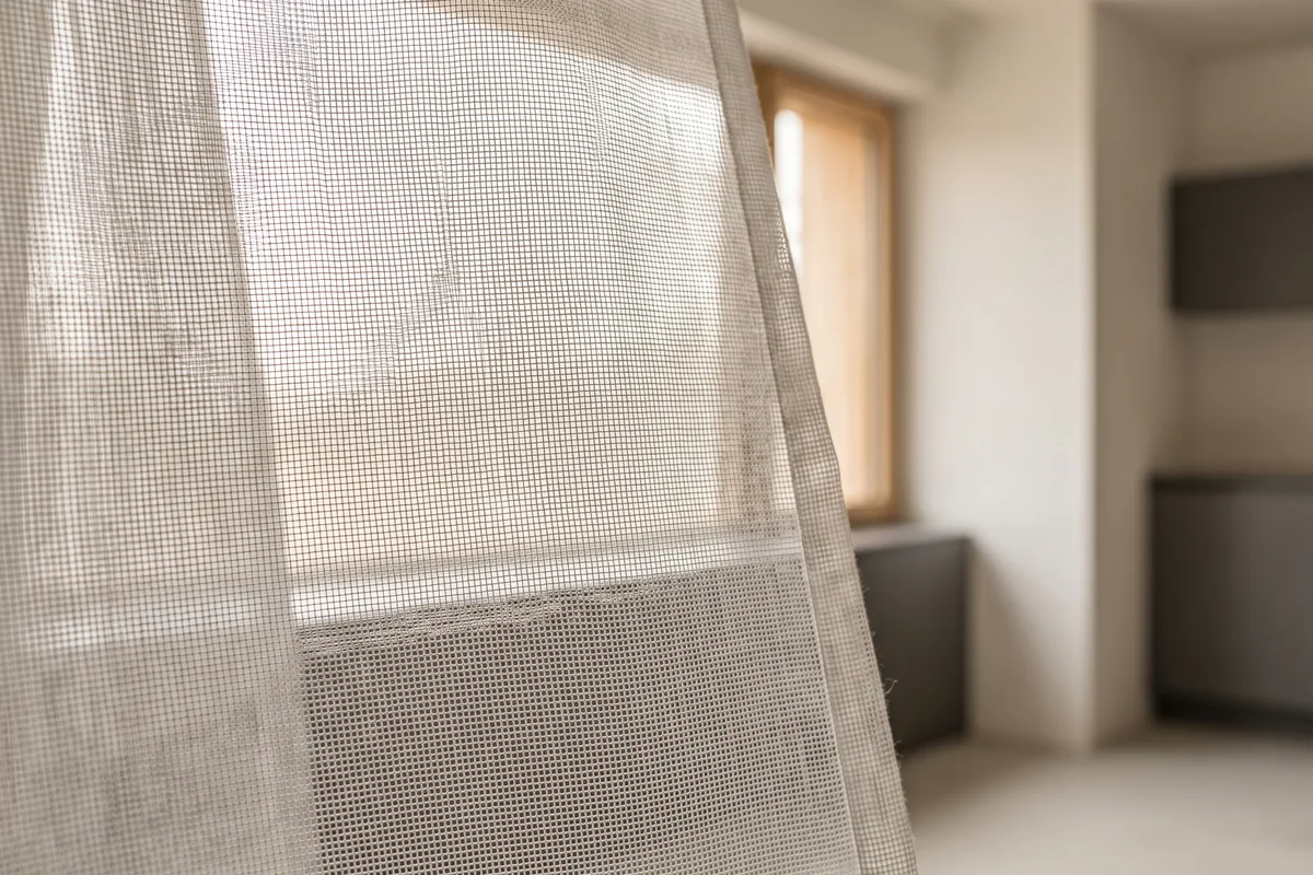 Sheer curtain fabric diffusing daylight, its weave visible