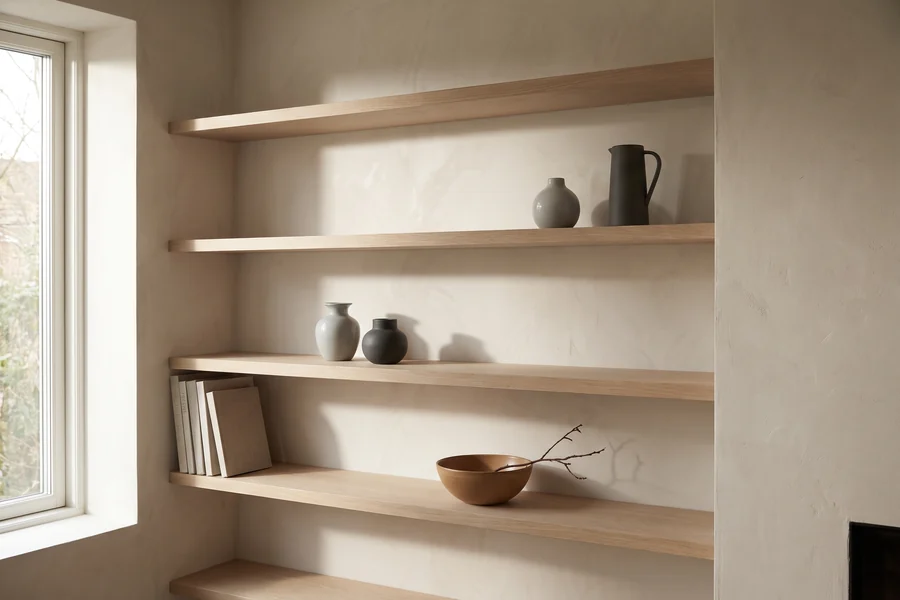 Wall shelving and styled objects in a warm interior